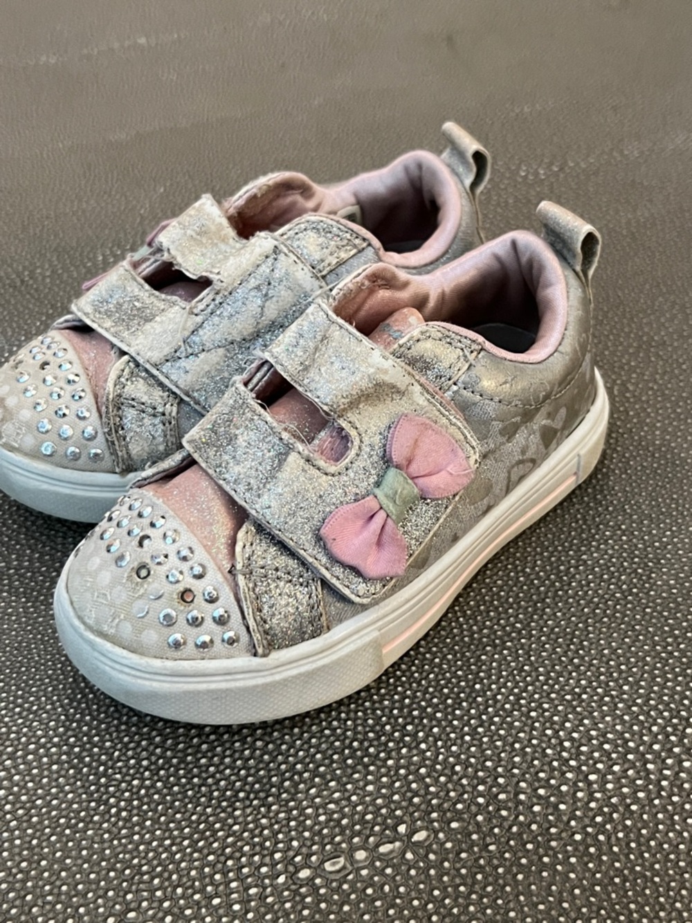 Girls Sparkle Silver Sneakers with Pink Bow Accent